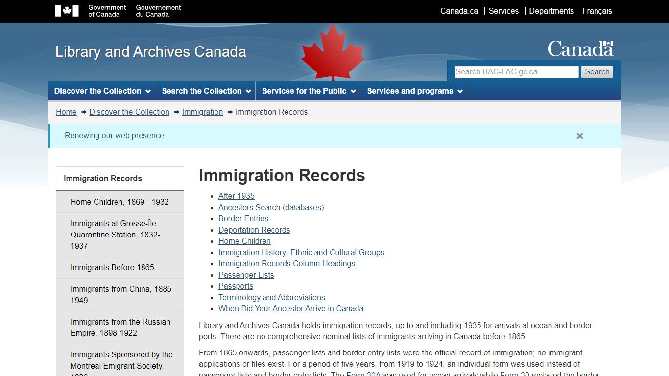 Immigration Records - Library and Archives Canada